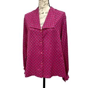 Vintage 80s Halston III Pink Floral Lapel Collar Blouse Women's Long Sleeve; Lrg
